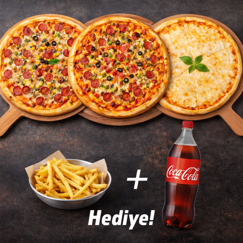 Dilediğin 3 Büyük Boy Pizza \ Patates Ve 1 litre kola hediye.